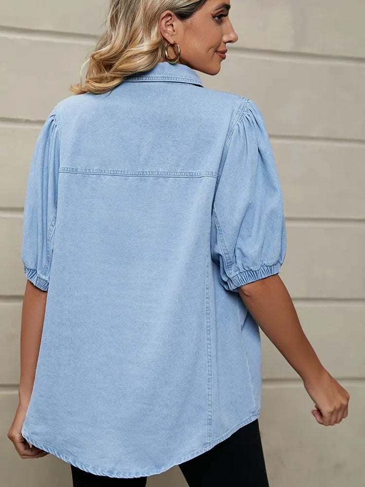 Femke | Denim Blouse met Pofmouwen en Zachte Washed Look