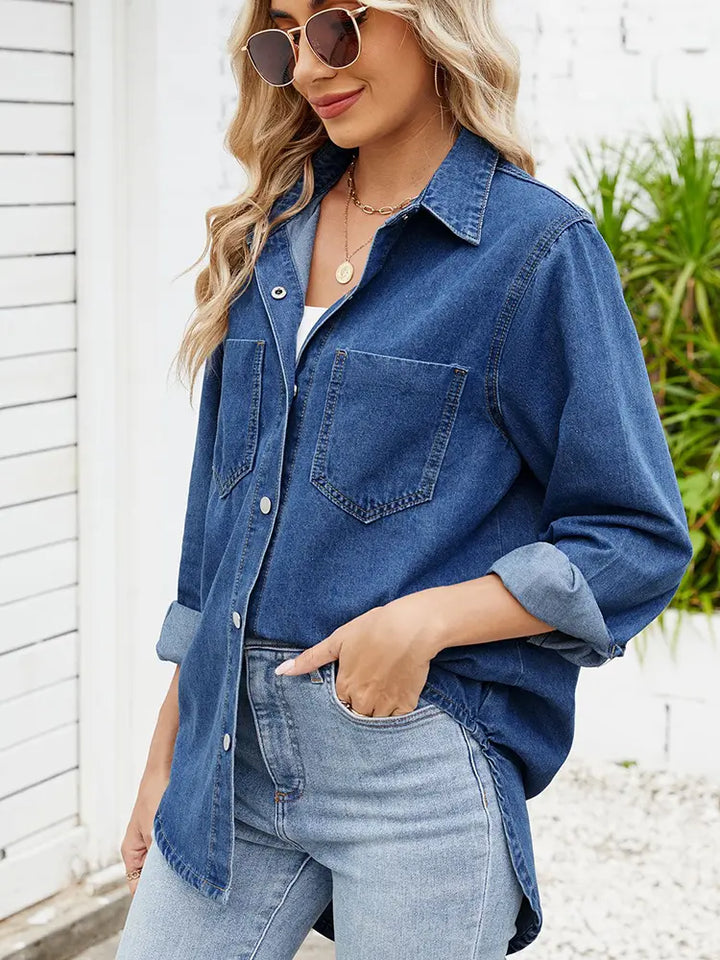 Anne | Denim Blouse met Relaxte Pasvorm en Borstzakken