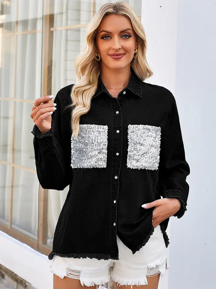 Lynn | Denim Blouse met Pailletten Zakken en Stoere Afwerking