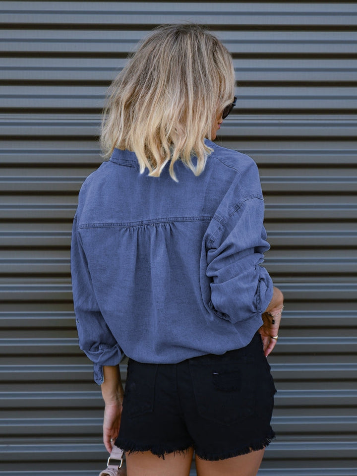 Shana | Denim Blouse met Trekkoord en Cropped Fit