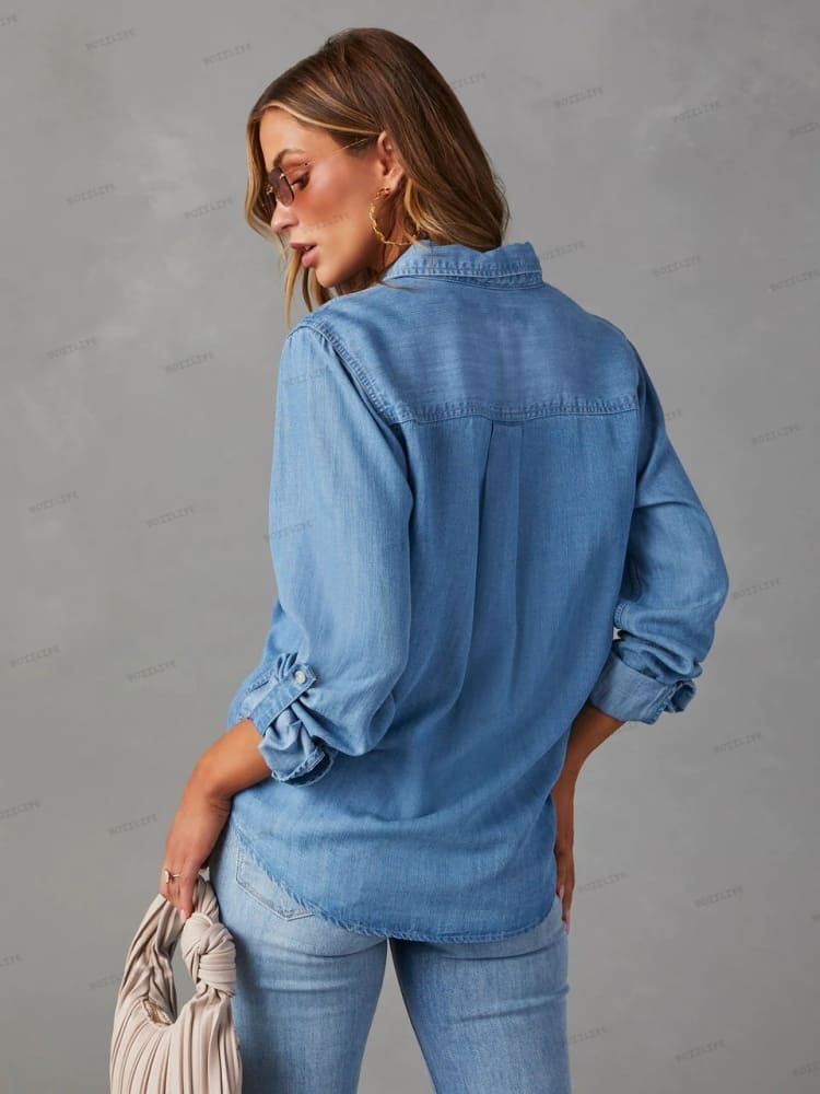 Lieke | Denim Blouse met Zachte Washed Look en Borstzakken