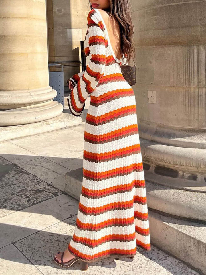 Yaraine | Maxi Jurk met Retro Strepen en Flared Mouwen
