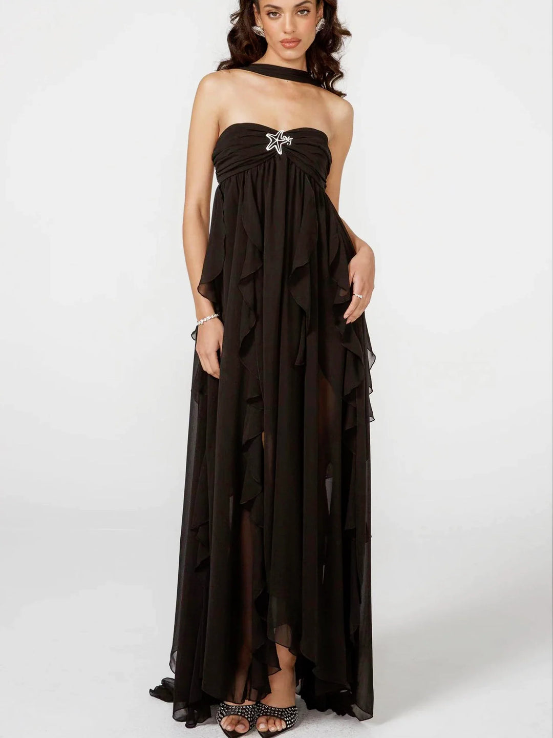 Fenna | Maxi Jurk met Ruffles en Halterdetail