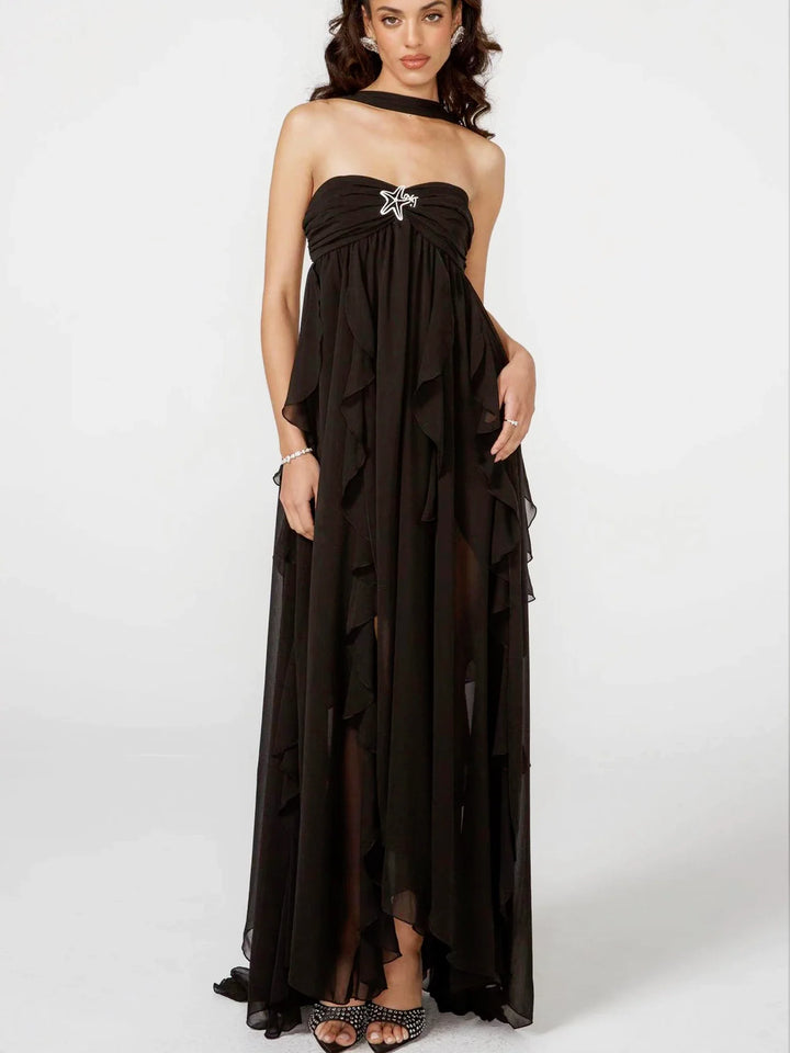 Fenna | Maxi Jurk met Ruffles en Halterdetail
