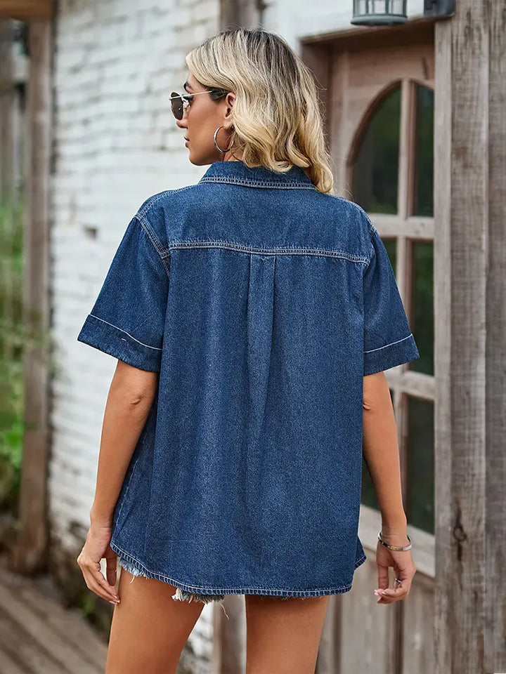 Anna | Denim Blouse met Korte Mouwen en Casual Fit