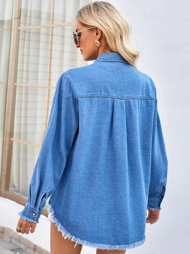 Lynn | Denim Blouse met Pailletten Zakken en Stoere Afwerking
