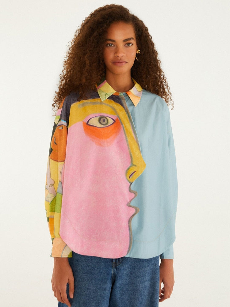 Mila | Blouse met Artistieke Print en Klassieke Kraag