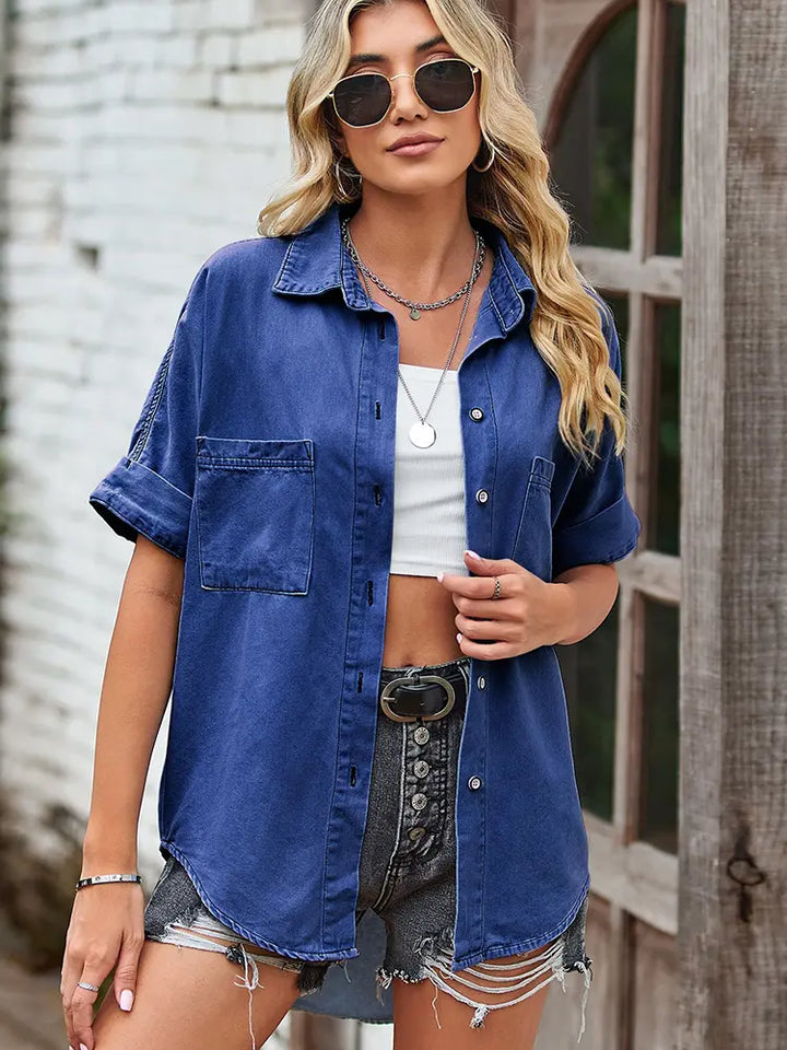 Julia | Denim Blouse met Korte Mouwen en Relaxte Fit