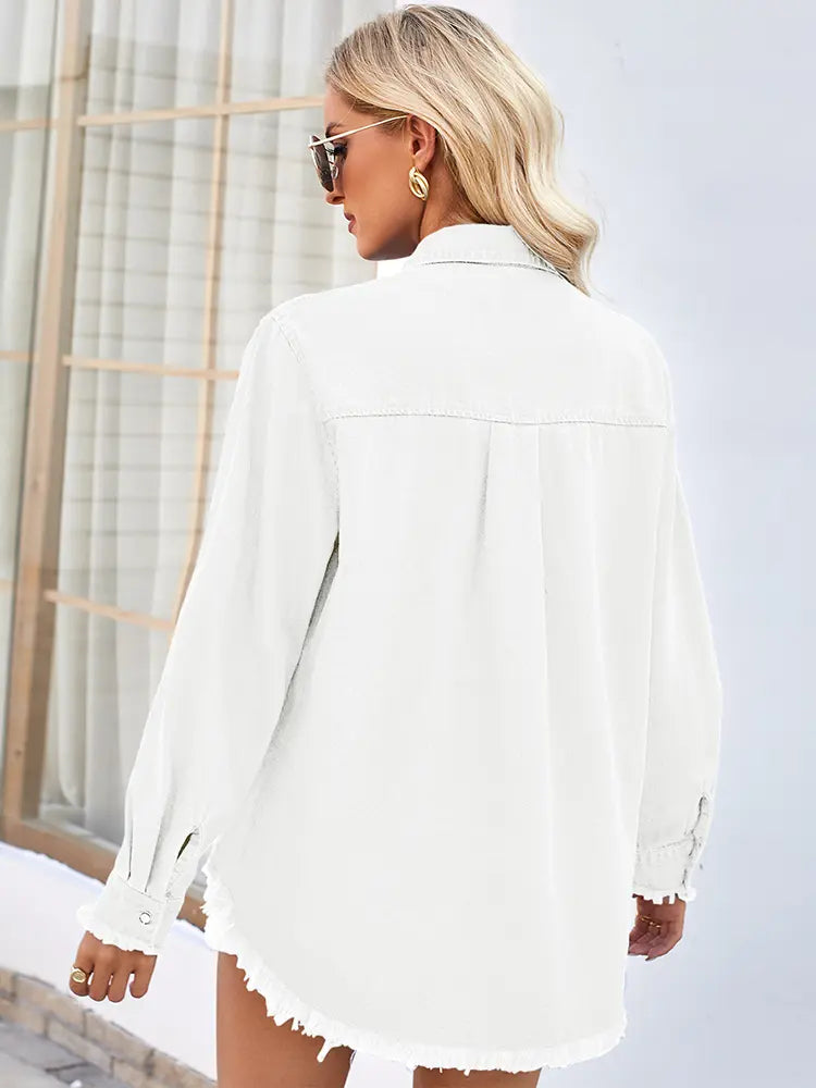 Lynn | Denim Blouse met Pailletten Zakken en Stoere Afwerking