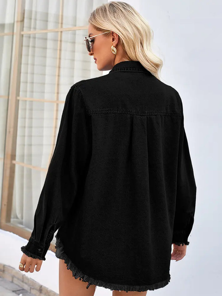 Lynn | Denim Blouse met Pailletten Zakken en Stoere Afwerking