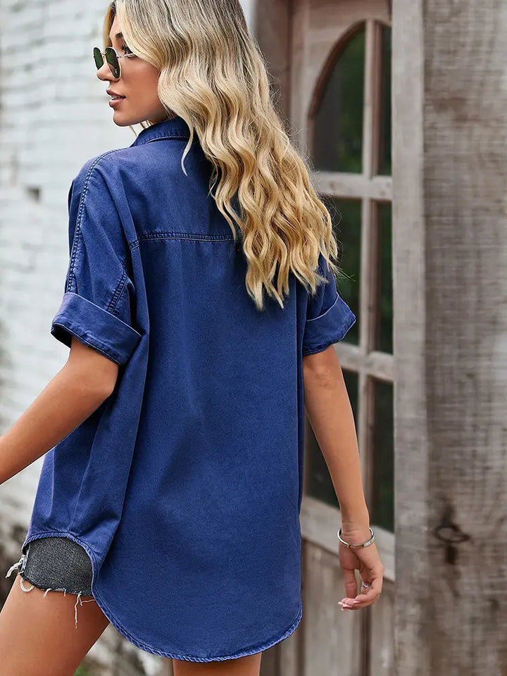 Julia | Denim Blouse met Korte Mouwen en Relaxte Fit