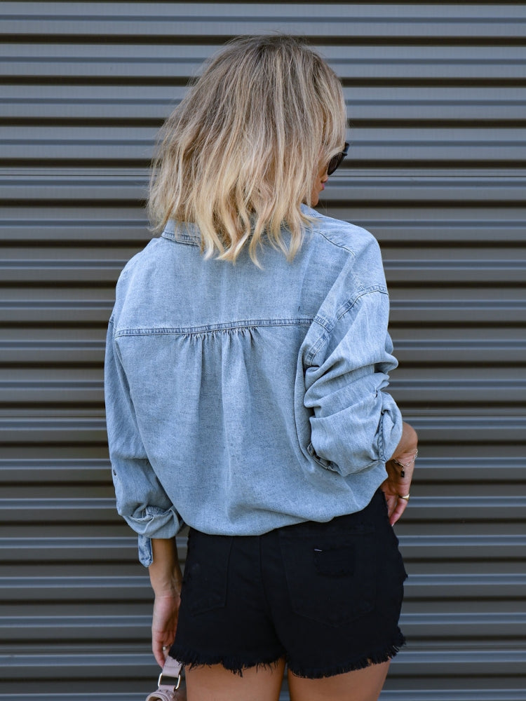 Shana | Denim Blouse met Trekkoord en Cropped Fit