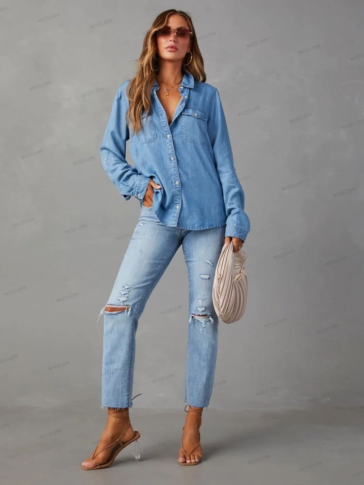 Lieke | Denim Blouse met Zachte Washed Look en Borstzakken