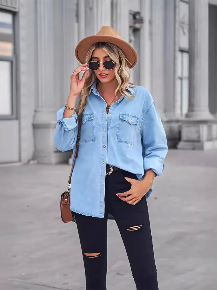 Yara | Denim Blouse met Oversized Fit en Borstzak