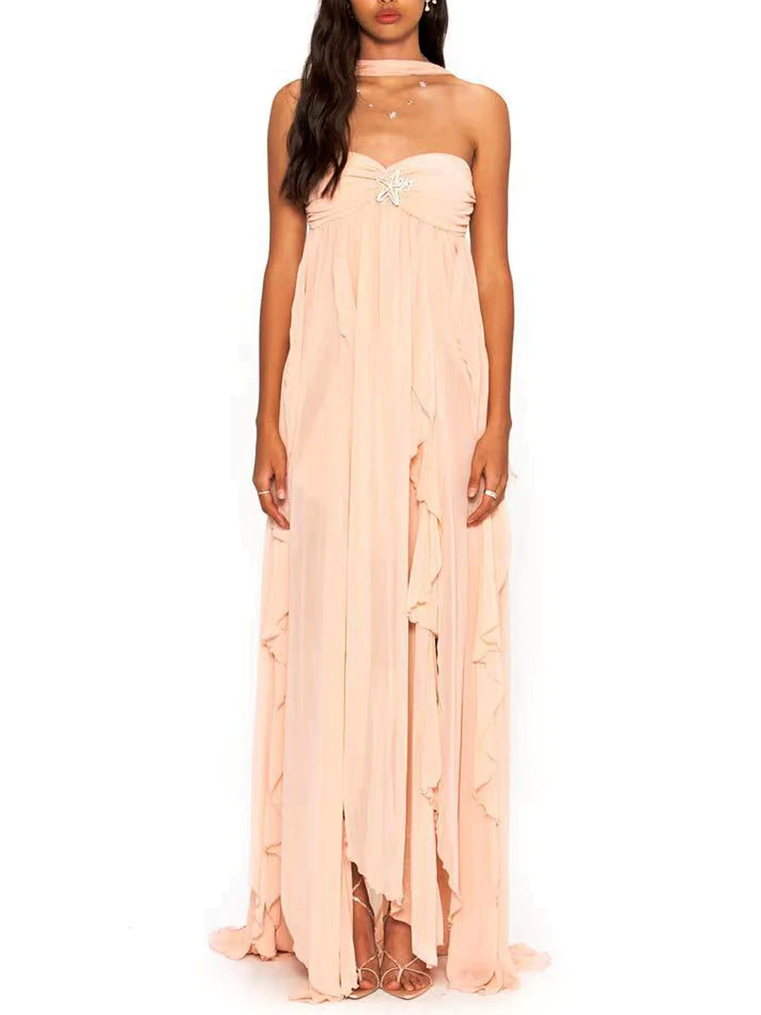 Fenna | Maxi Jurk met Ruffles en Halterdetail