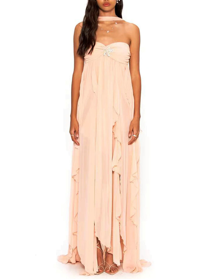 Fenna | Maxi Jurk met Ruffles en Halterdetail