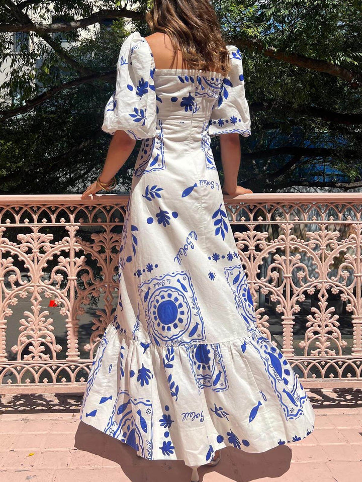 Marit | Maxi Jurk met Pofmouwen en Print