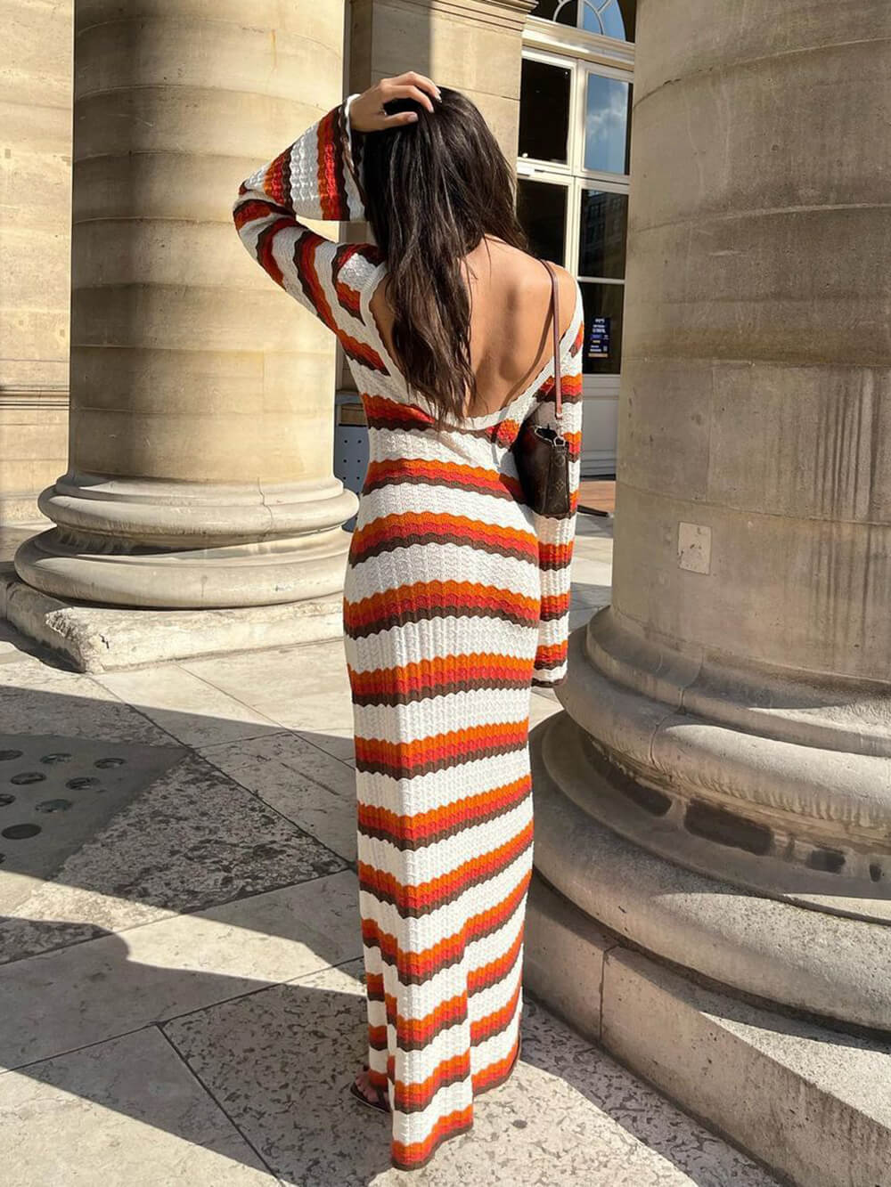 Yaraine | Maxi Jurk met Retro Strepen en Flared Mouwen