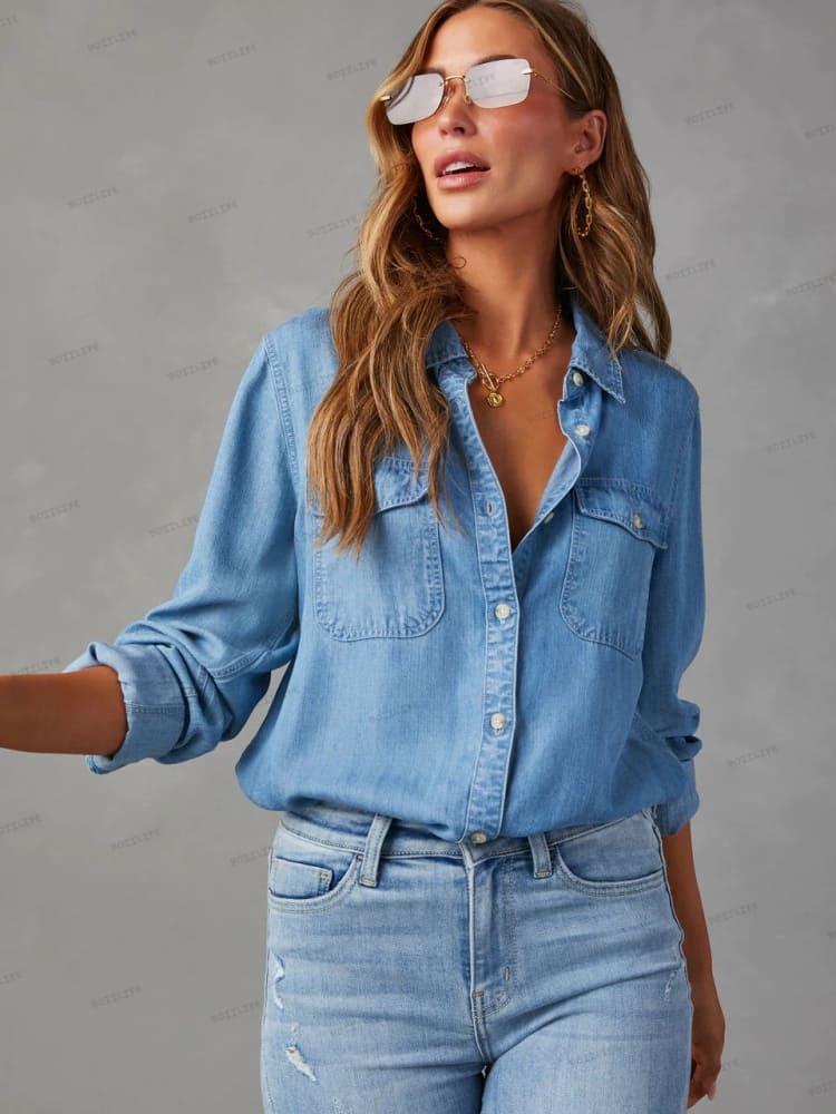 Lieke | Denim Blouse met Zachte Washed Look en Borstzakken