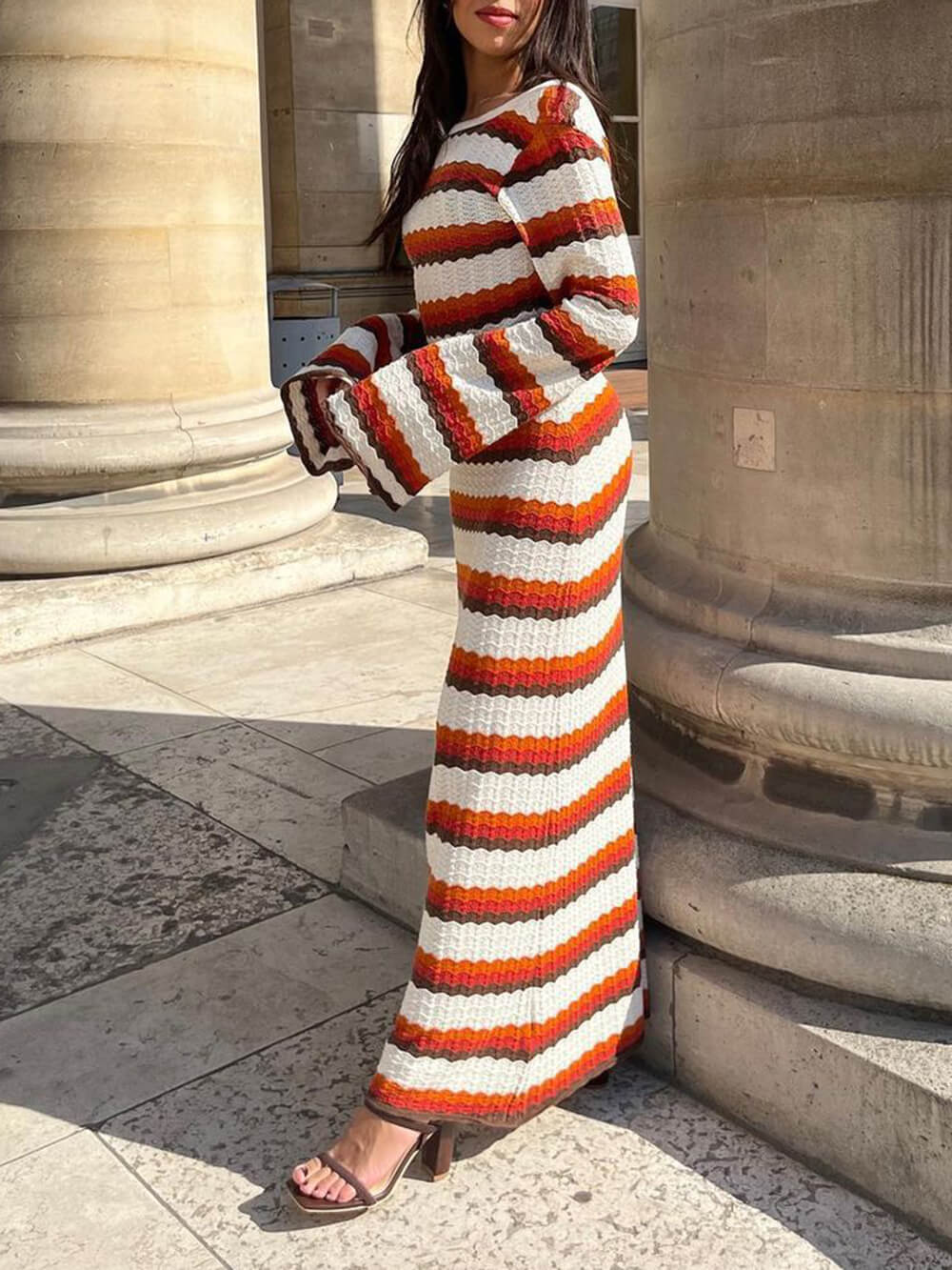 Yaraine | Maxi Jurk met Retro Strepen en Flared Mouwen