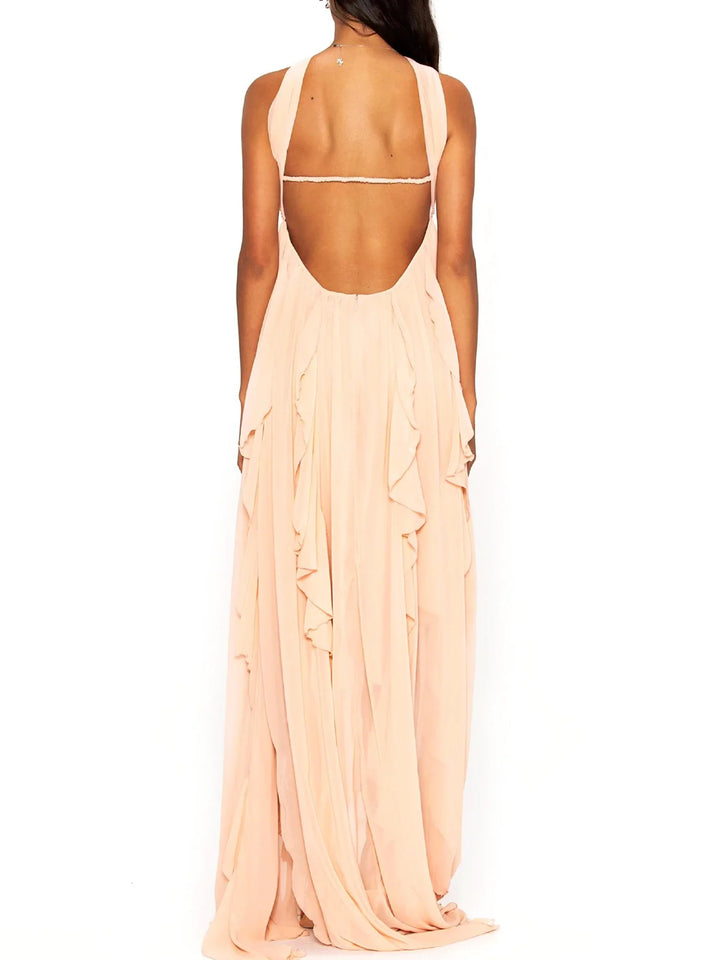Fenna | Maxi Jurk met Ruffles en Halterdetail