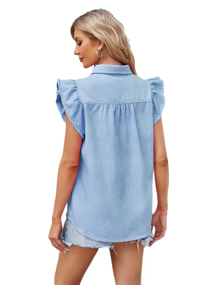 Roos | Blouse met Ruffle Mouwen en Zachte Denim Look