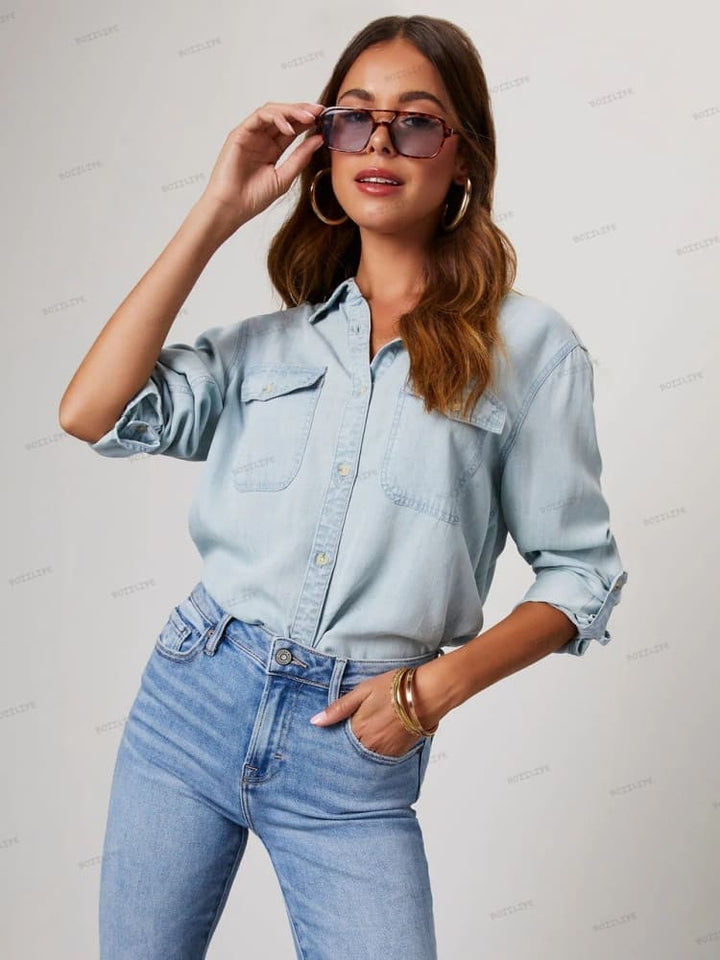 Lieke | Denim Blouse met Zachte Washed Look en Borstzakken