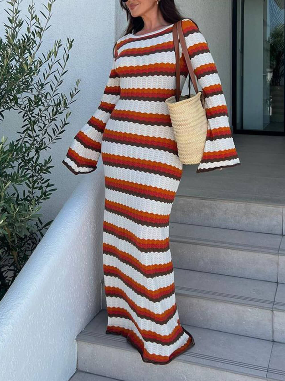Yaraine | Maxi Jurk met Retro Strepen en Flared Mouwen