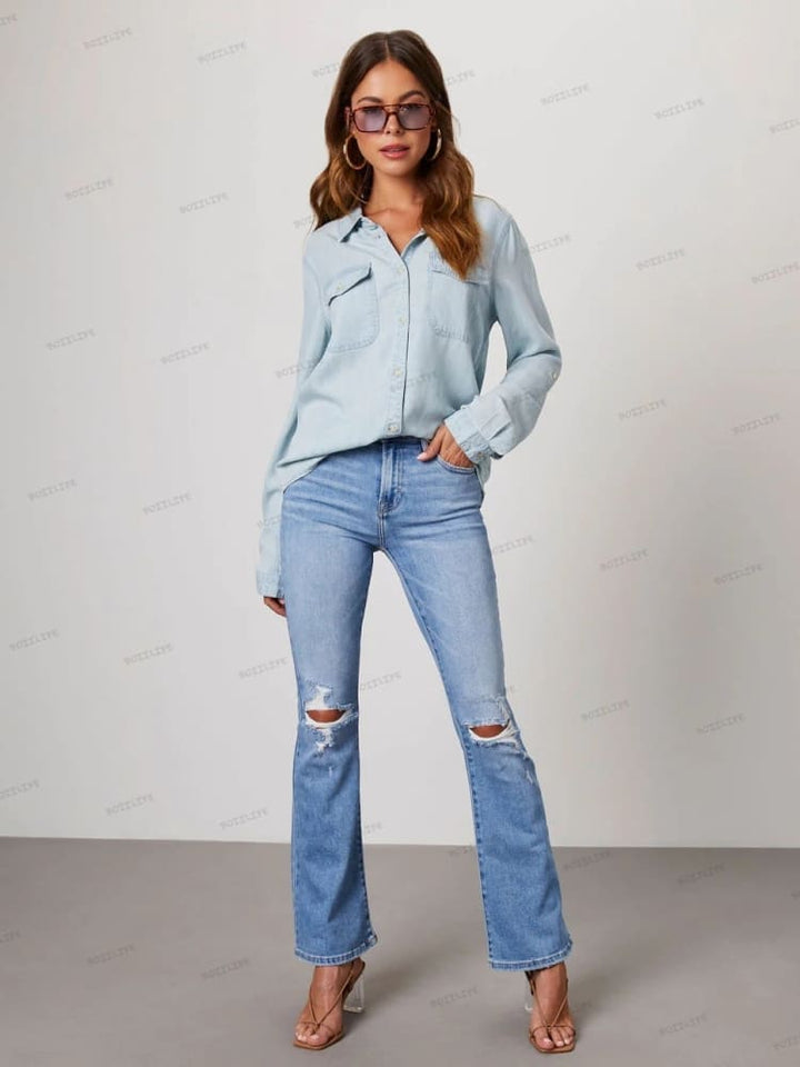 Lieke | Denim Blouse met Zachte Washed Look en Borstzakken