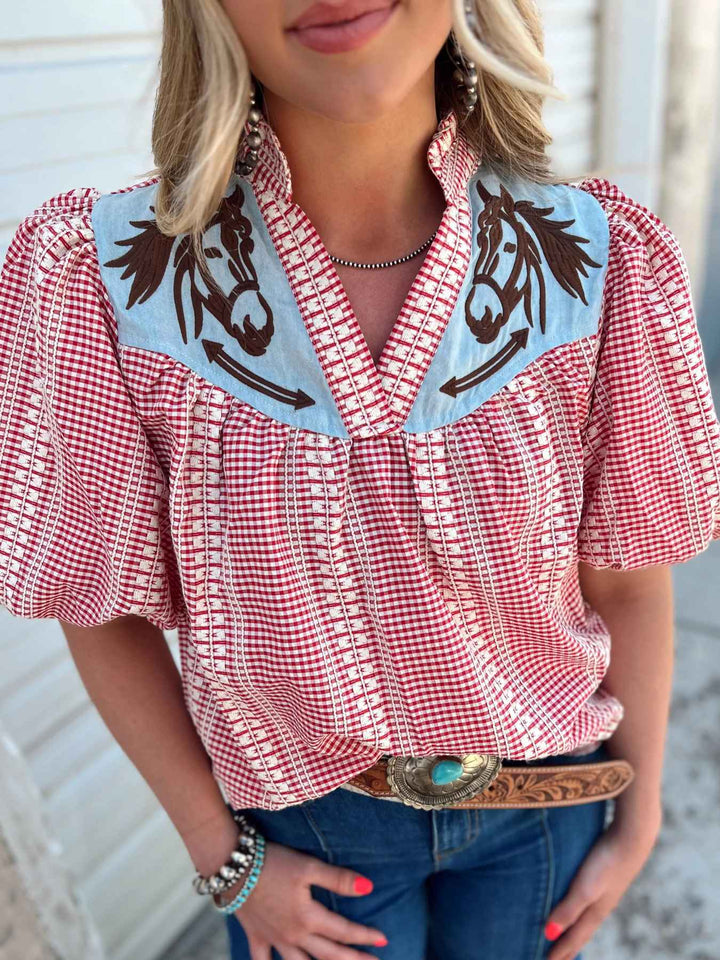 Nina | Blouse met Western Detail en Gingham Print
