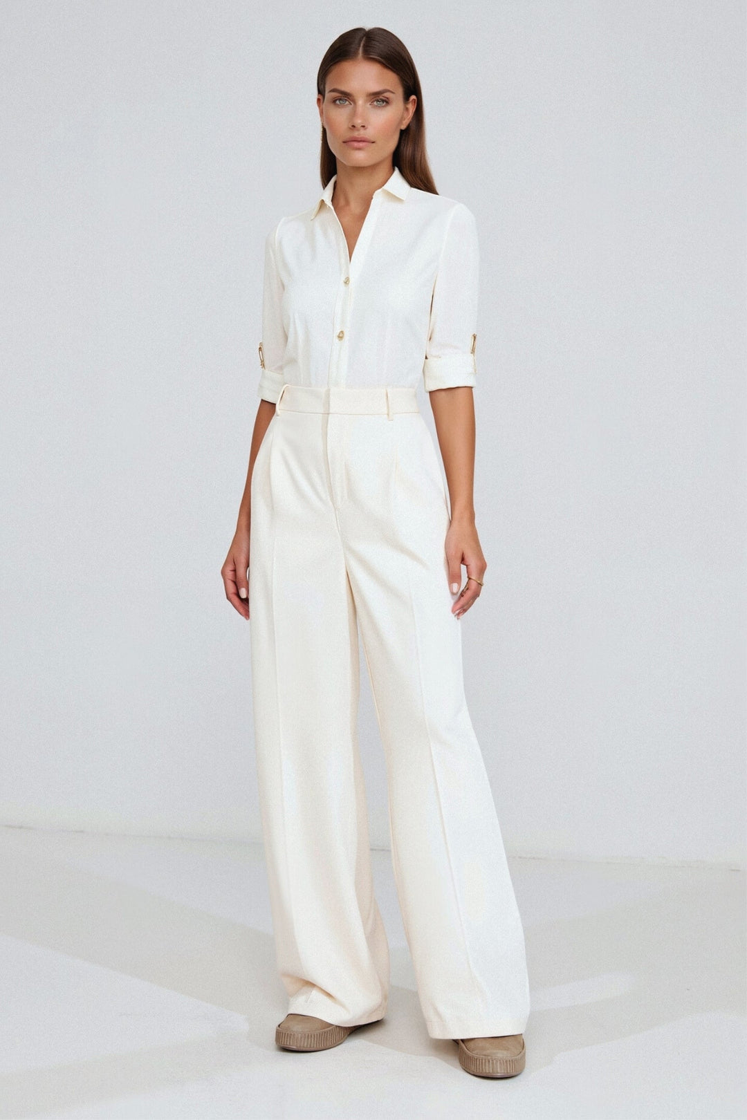 Amélie | Elegante Wide Leg Pantalon in Crème