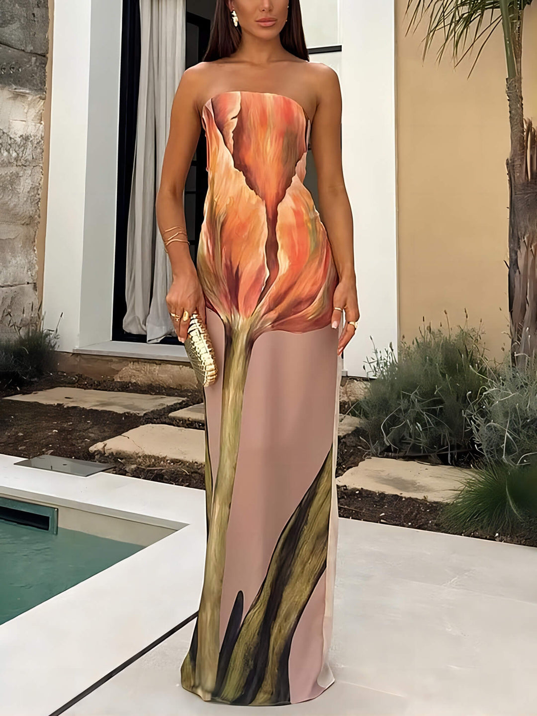 Isis | Strapless Maxi Jurk met Artistieke Print