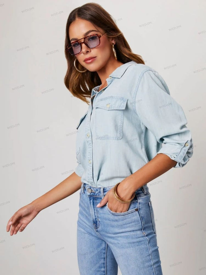 Lieke | Denim Blouse met Zachte Washed Look en Borstzakken