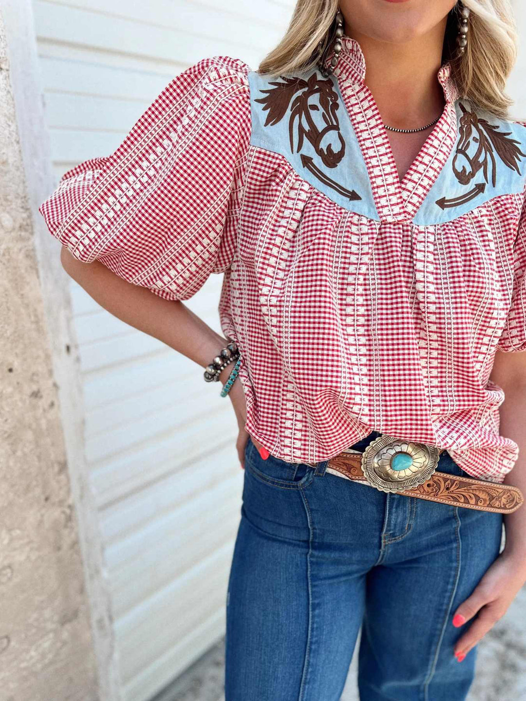 Nina | Blouse met Western Detail en Gingham Print