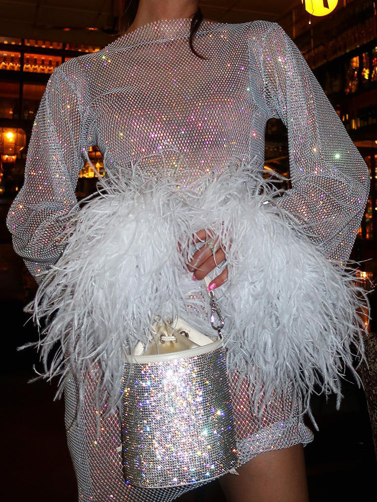 Nova | Glitter Mini Jurk met Feather Details