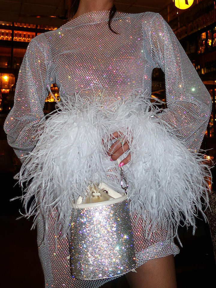 Nova | Glitter Mini Jurk met Feather Details