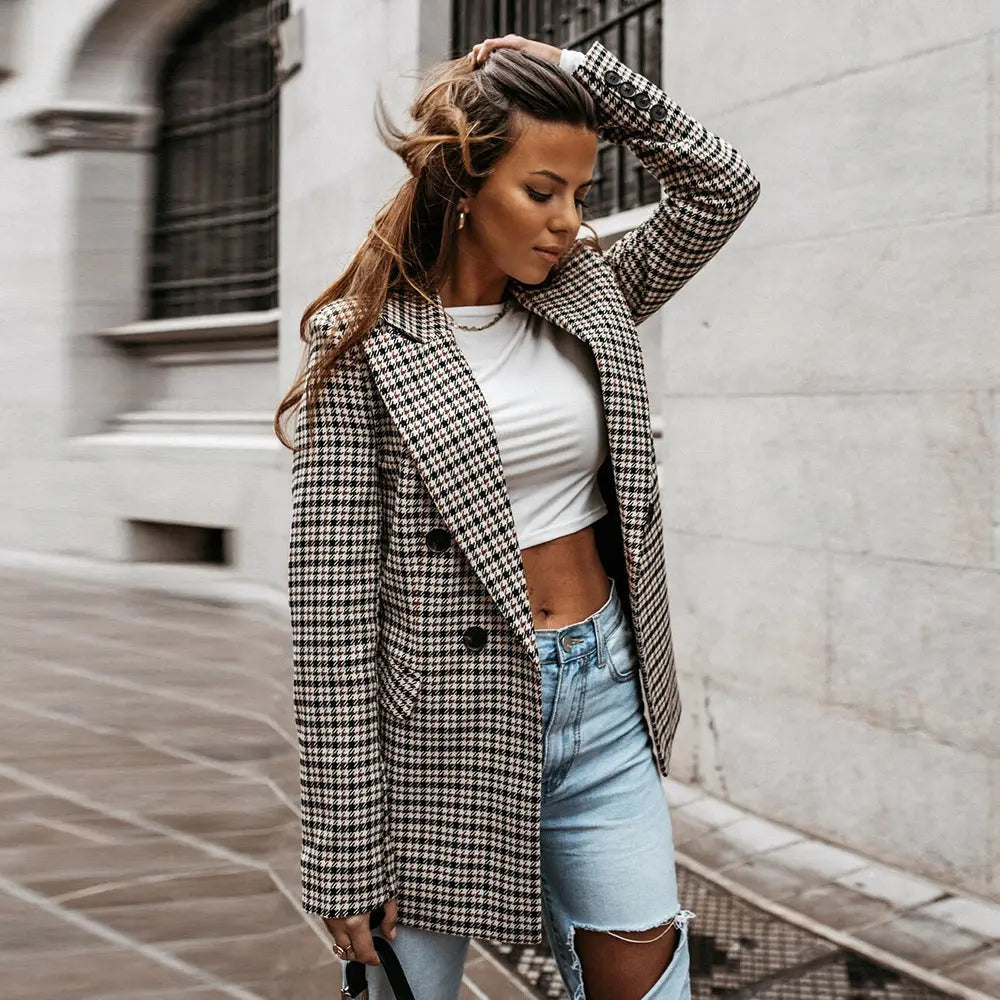 Sanne | Geruite Blazer met Double Breasted Sluiting