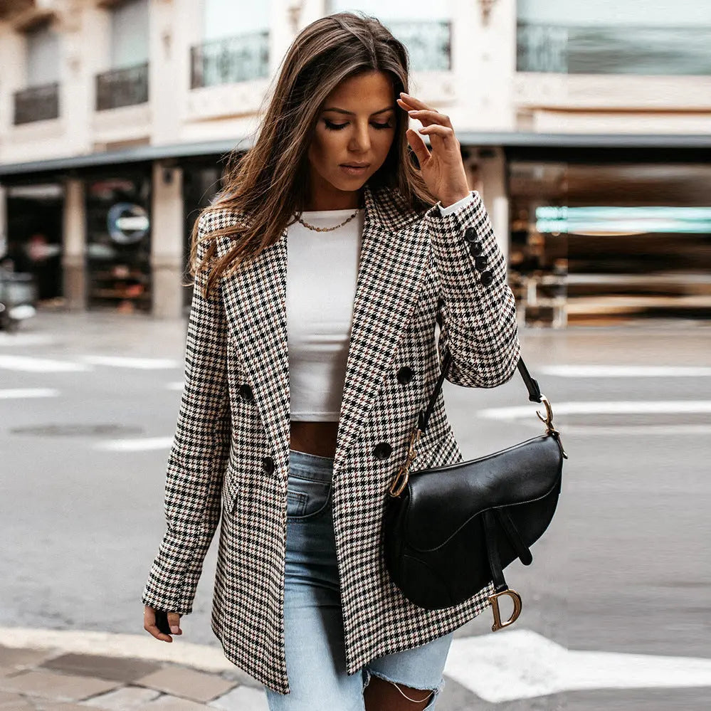 Sanne | Geruite Blazer met Double Breasted Sluiting