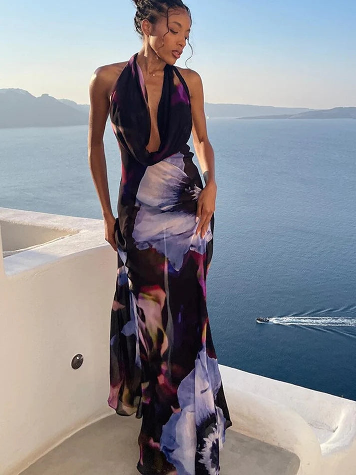 Fay | Halter Maxi Jurk met Artistieke Print