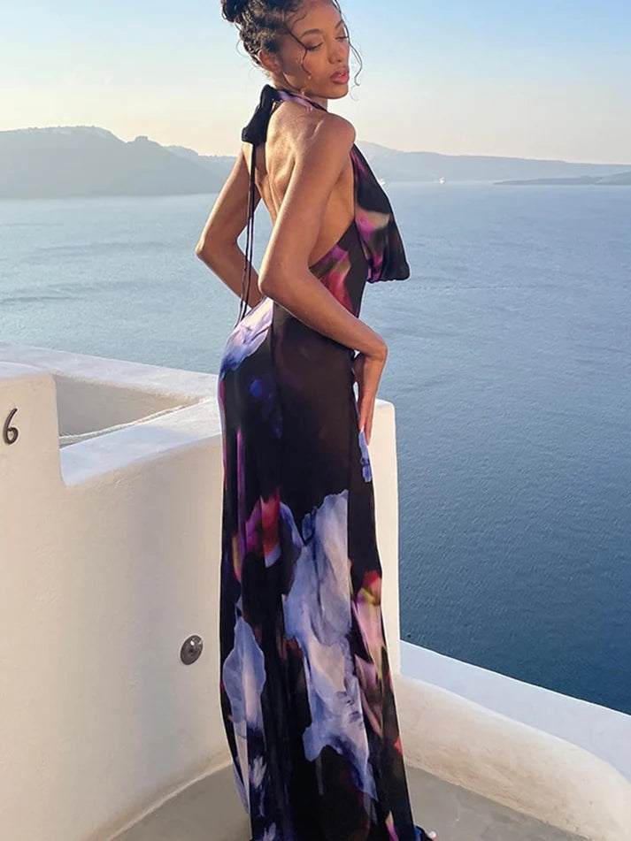 Fay | Halter Maxi Jurk met Artistieke Print