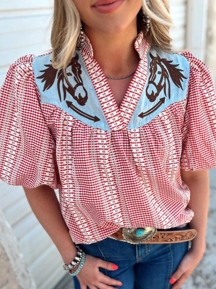 Nina | Blouse met Western Detail en Gingham Print
