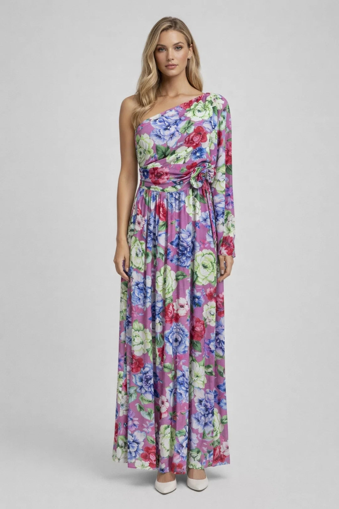 Clara | One Shoulder Lange Jurk Met Bloemenprint