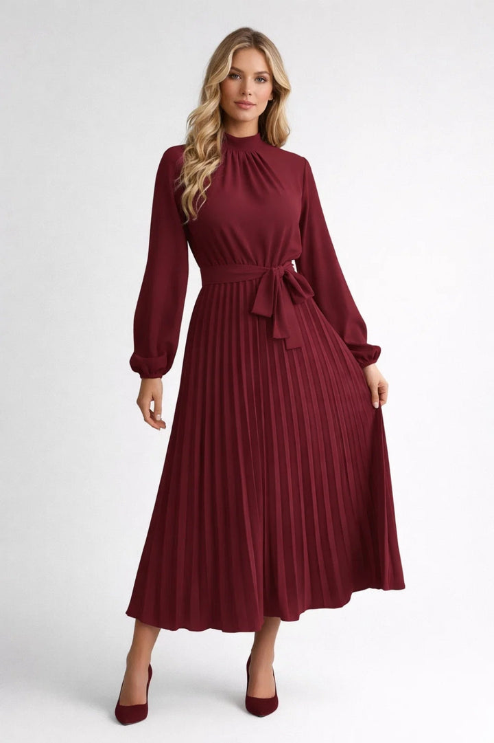 Emma | Geplooide Midi Jurk met Ceintuur