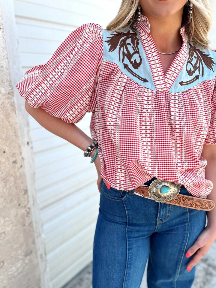 Nina | Blouse met Western Detail en Gingham Print