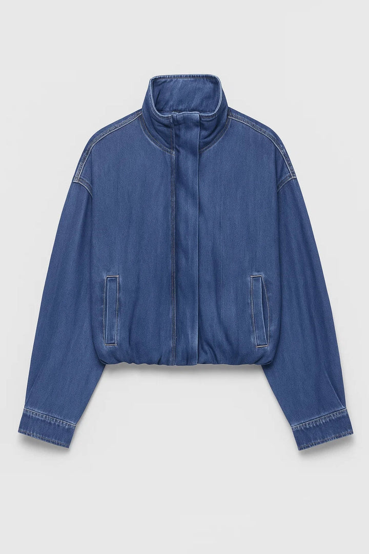 Anna | Oversized Denim Jas met Opstaande Kraag en Rits