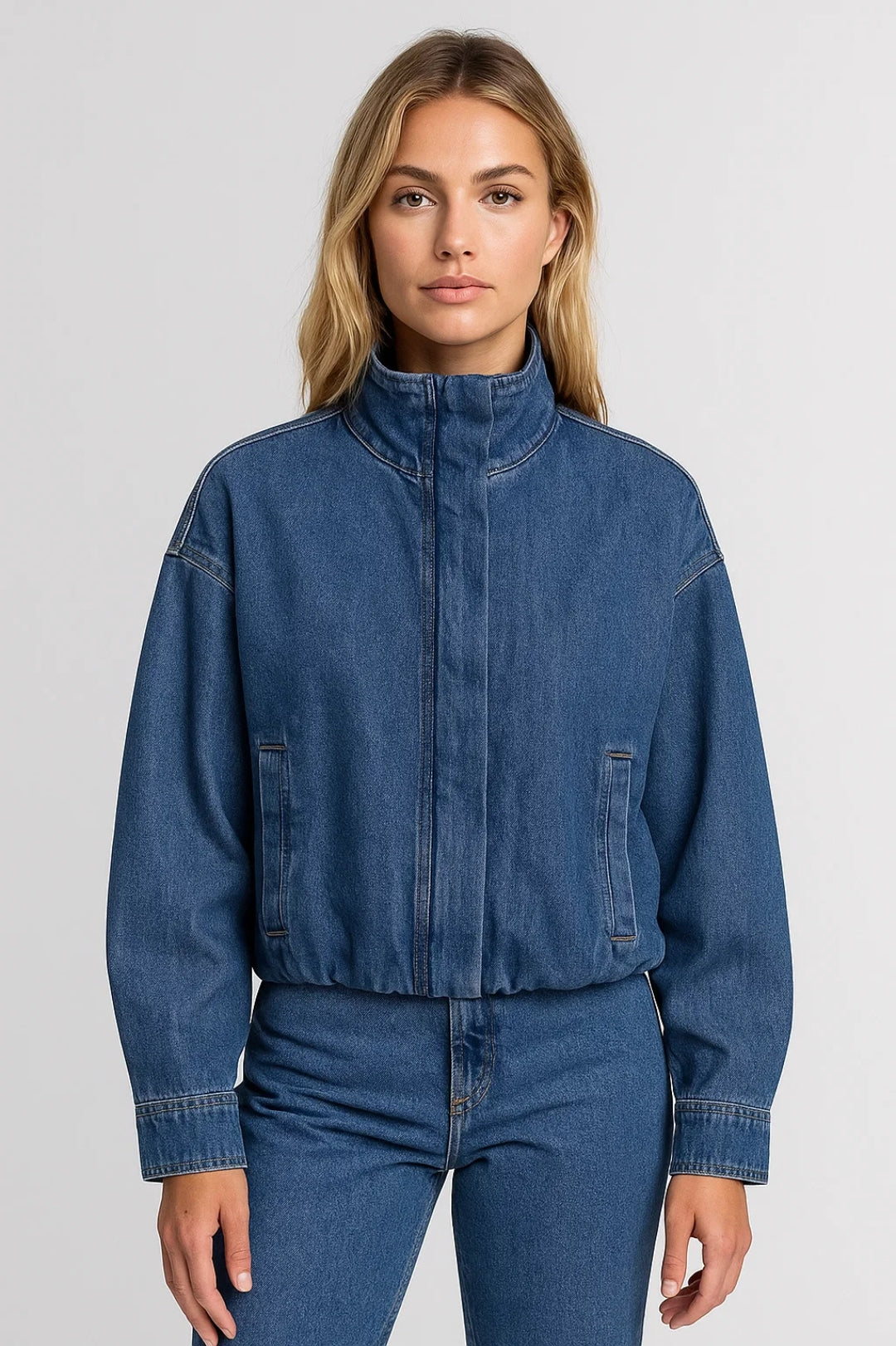 Anna | Oversized Denim Jas met Opstaande Kraag en Rits