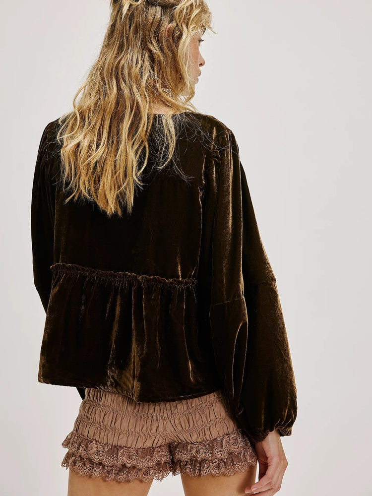 Bente | Fluwelen Blouse met Strikdetail en Cropped Fit