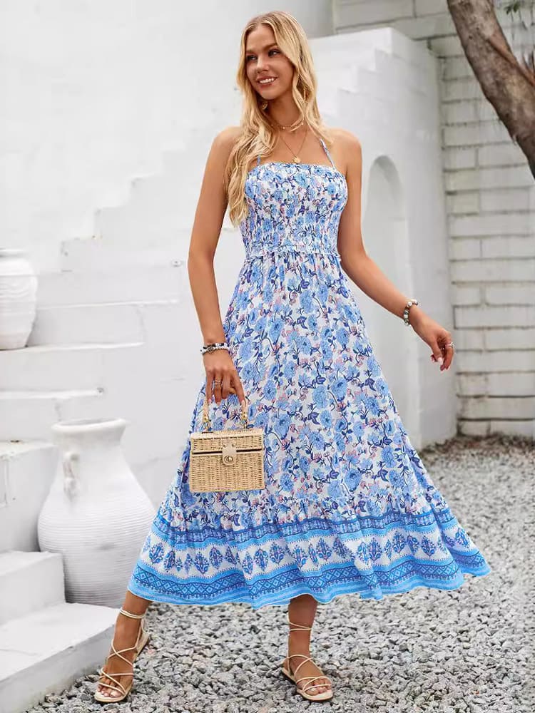 Elise | Midi Jurk met Bloemenprint en Halterdetail