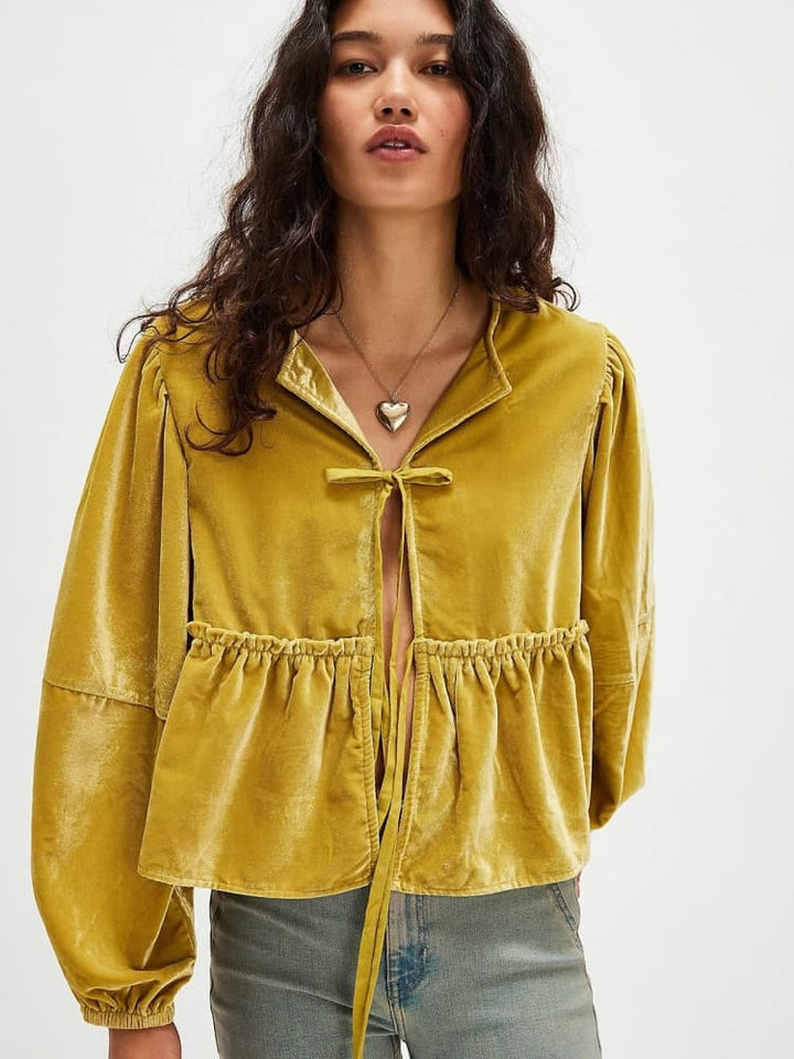 Bente | Fluwelen Blouse met Strikdetail en Cropped Fit