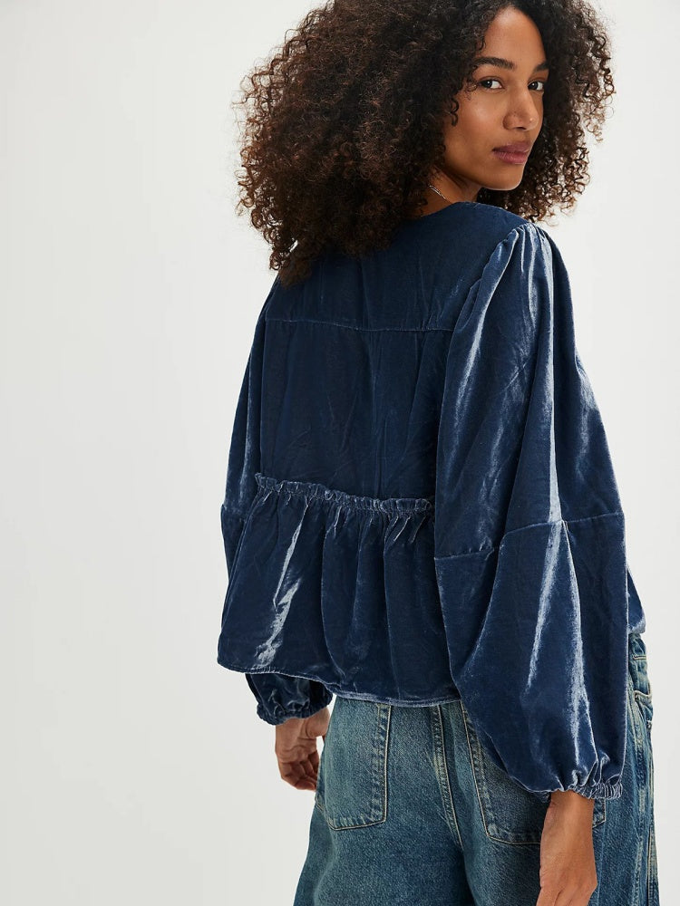 Bente | Fluwelen Blouse met Strikdetail en Cropped Fit